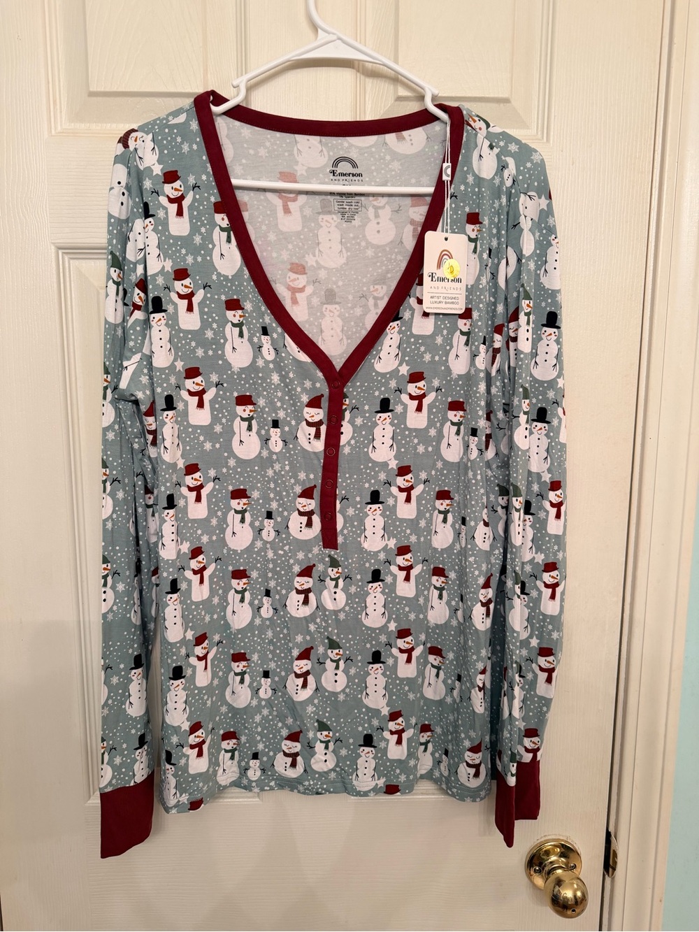 Emerson Women’s Snowman-Print Long Sleeve Pajama Top - Teal & Burgundy